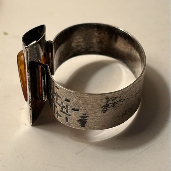 Sterling Silver and Baltic Amber Square Cuff Bracelet with Hinge Clasp - Picture 3 of 7